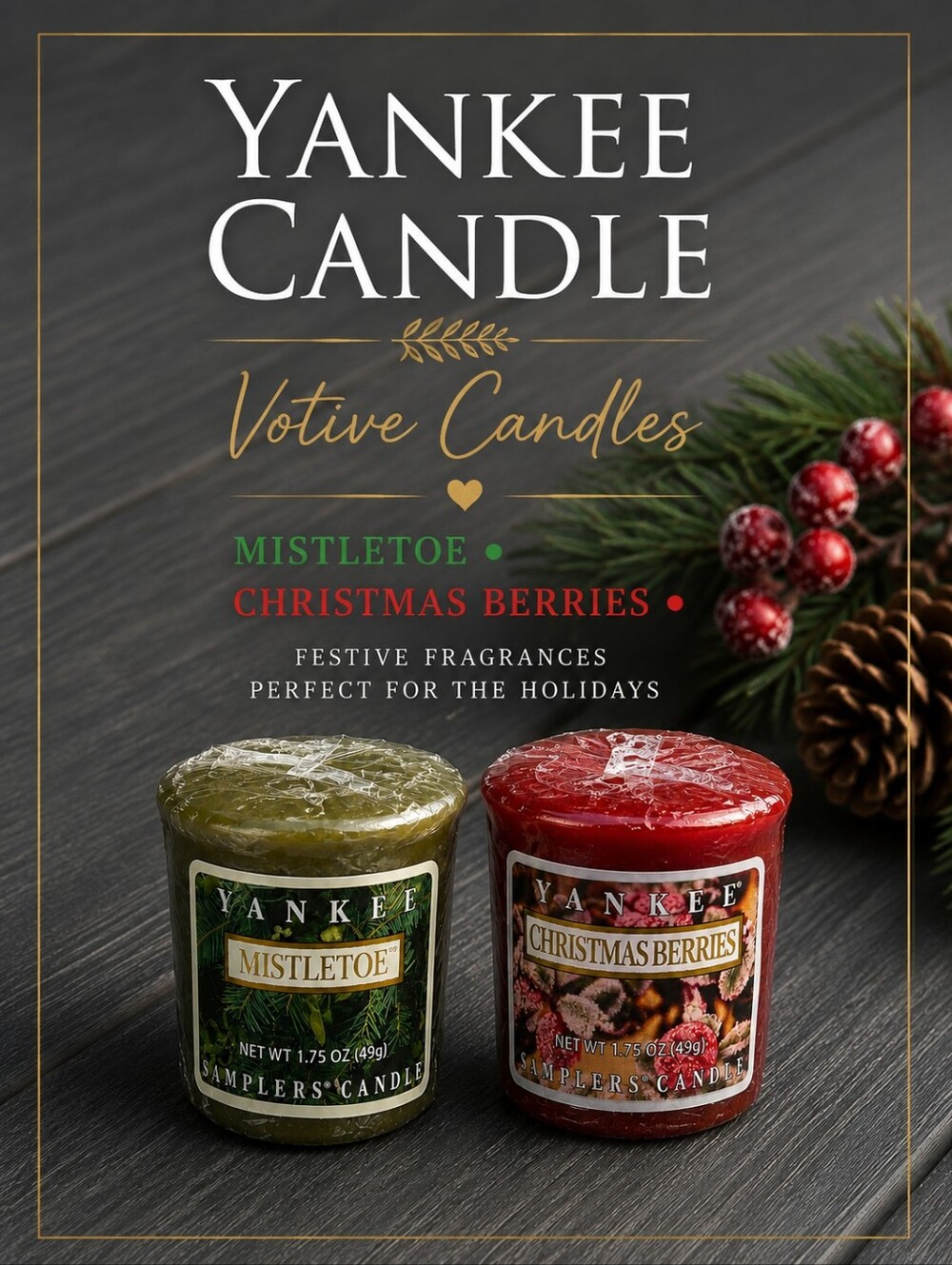 Yankee Candle Votive Samplers Christmas Berries & Mistletoe Set of 2 New Wrapped